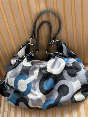 Coach vinyl and leather signature bag, blue and black/ very rare